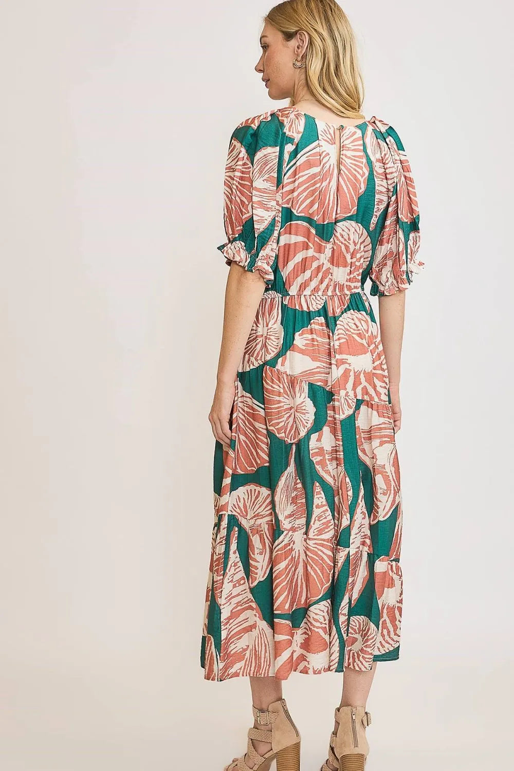 Umgee Full Size Printed Notched Puff Sleeve Midi Dress Plus Size - Blushé Belle