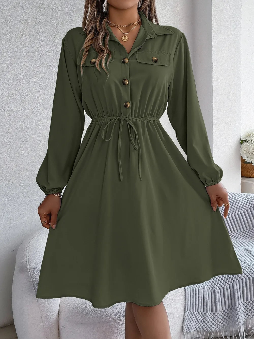 Collared Neck Long Sleeve Dress with Pockets - Blushé Belle
