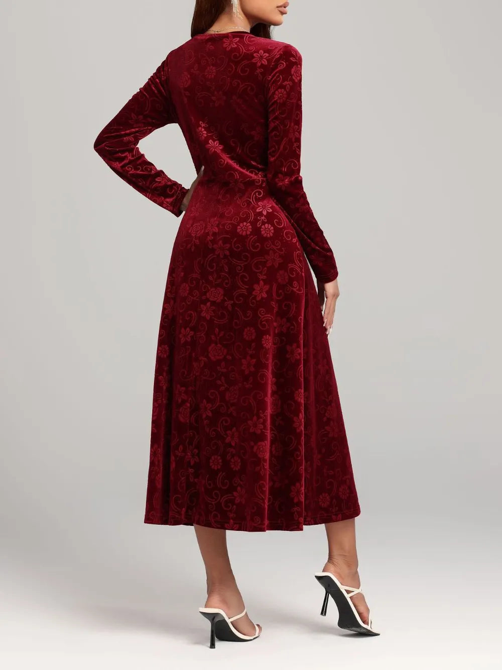 Flower Print V-Neck Long Sleeve Midi Dress - Blushé Belle
