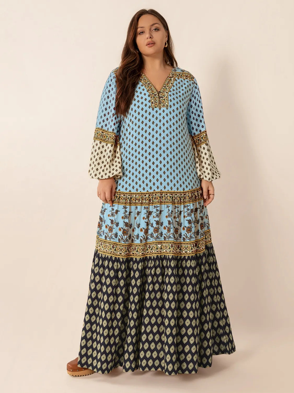 Plus Size Printed V-Neck Balloon Sleeve Maxi Dress - Blushé Belle