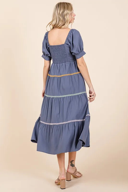 Lime 'N' Chili Trim Detail Puff Sleeve Tiered Maxi Dress - Blushé Belle