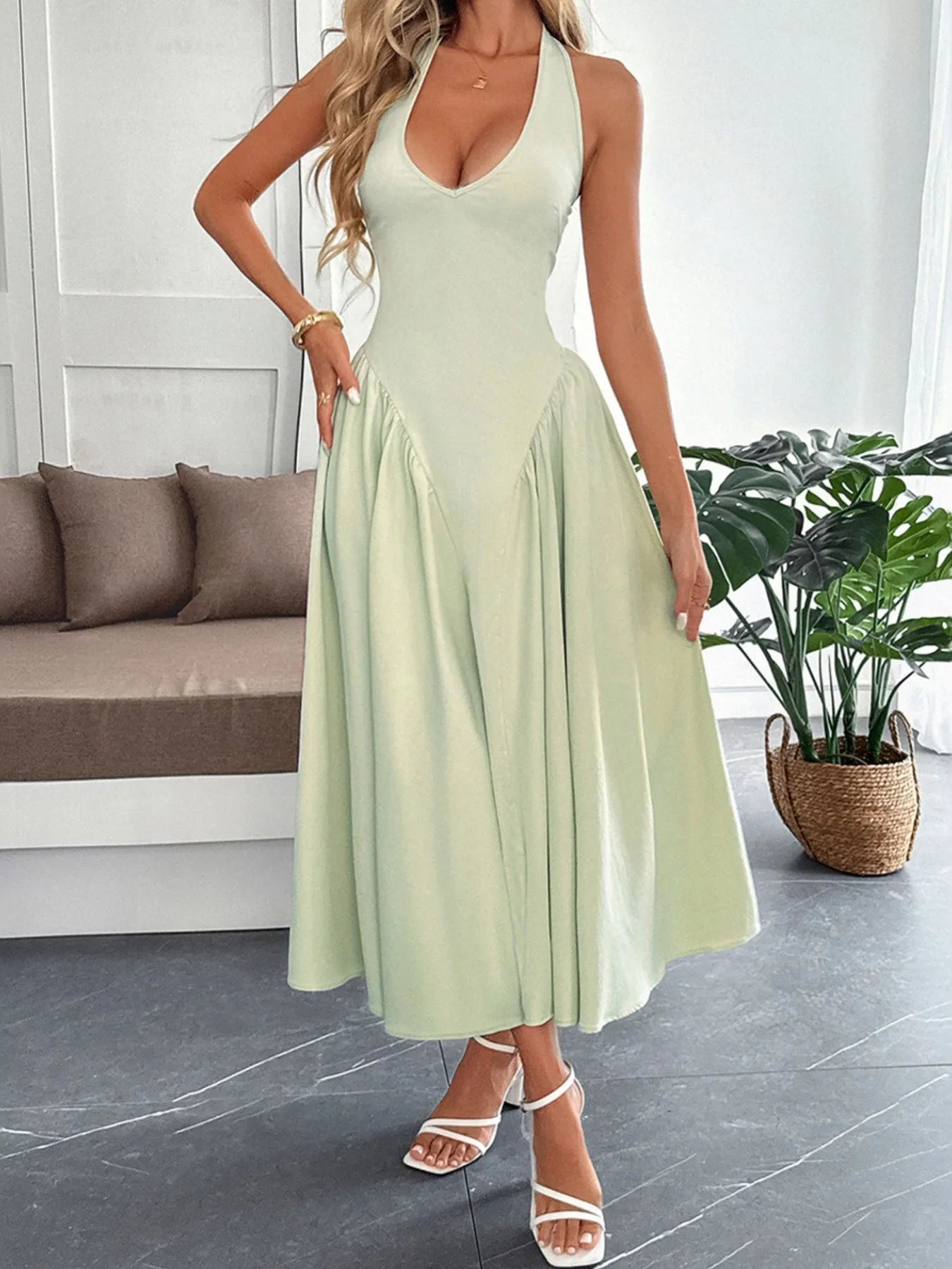 Halter Neck Ruched Midi Dress - Blushé Belle