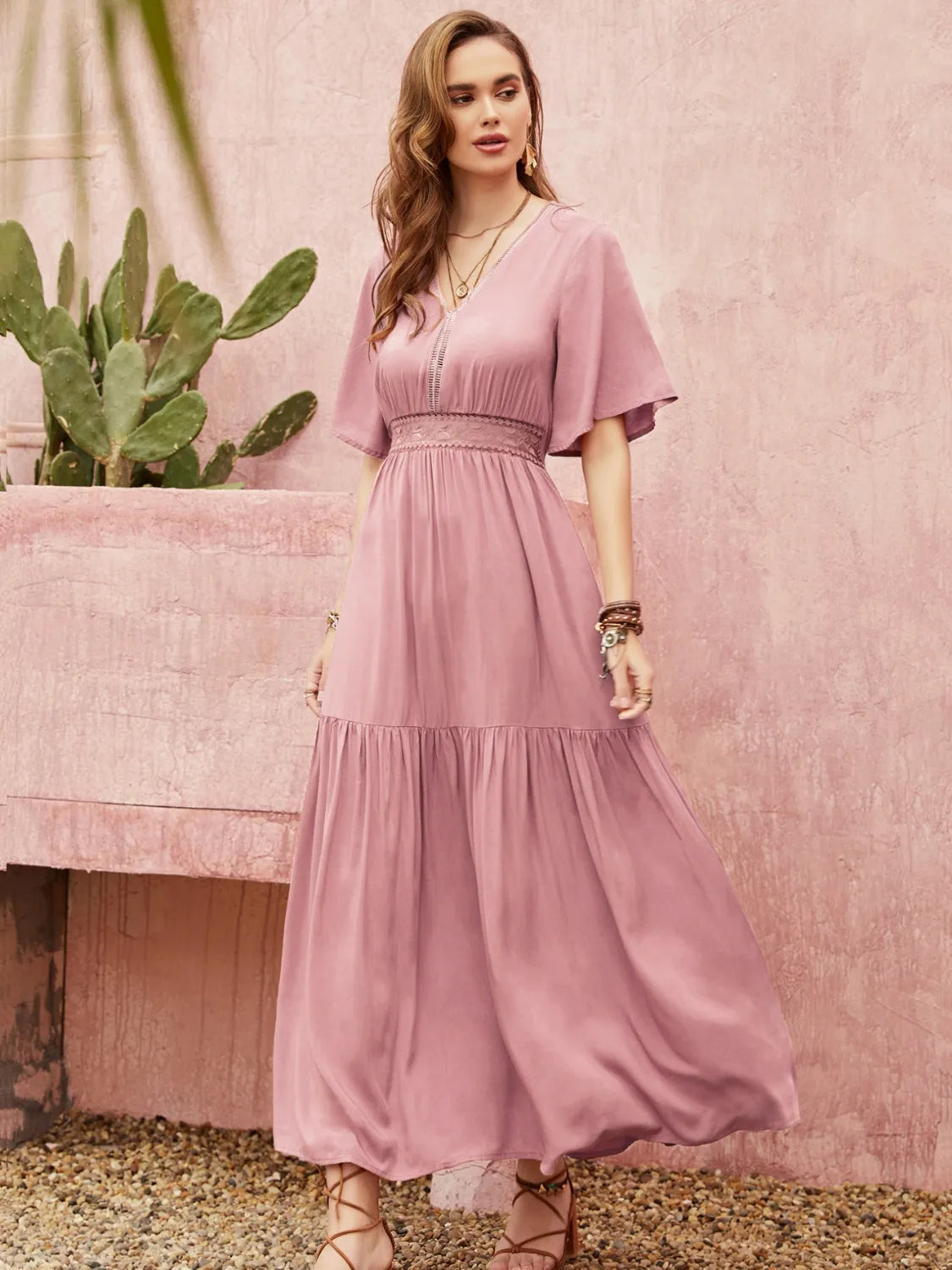 Lace Detail V-Neck Short Sleeve Dress - Blushé Belle