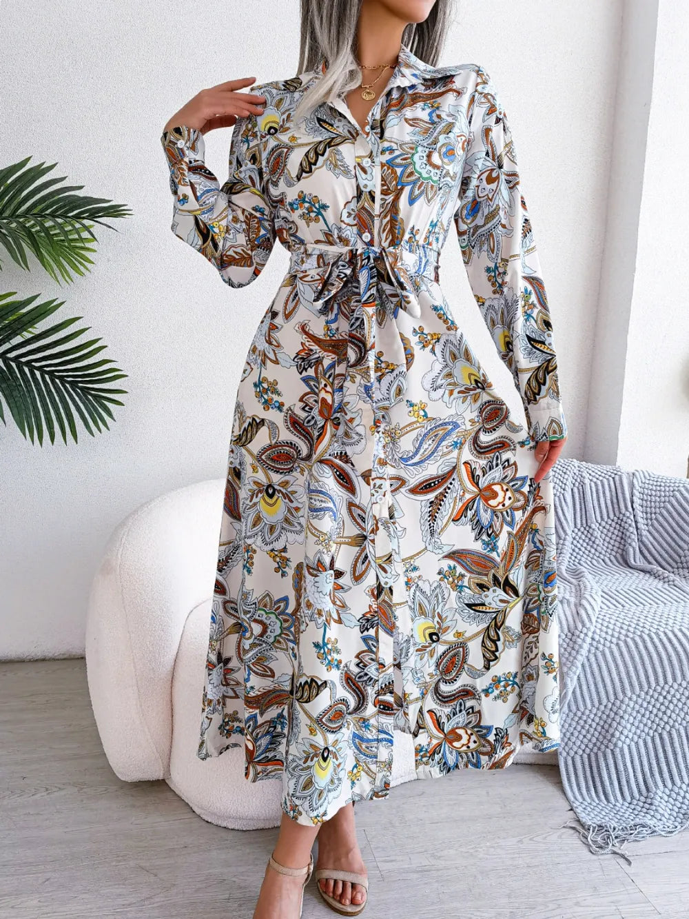 Tied Printed Long Sleeve Midi Dress - Blushé Belle