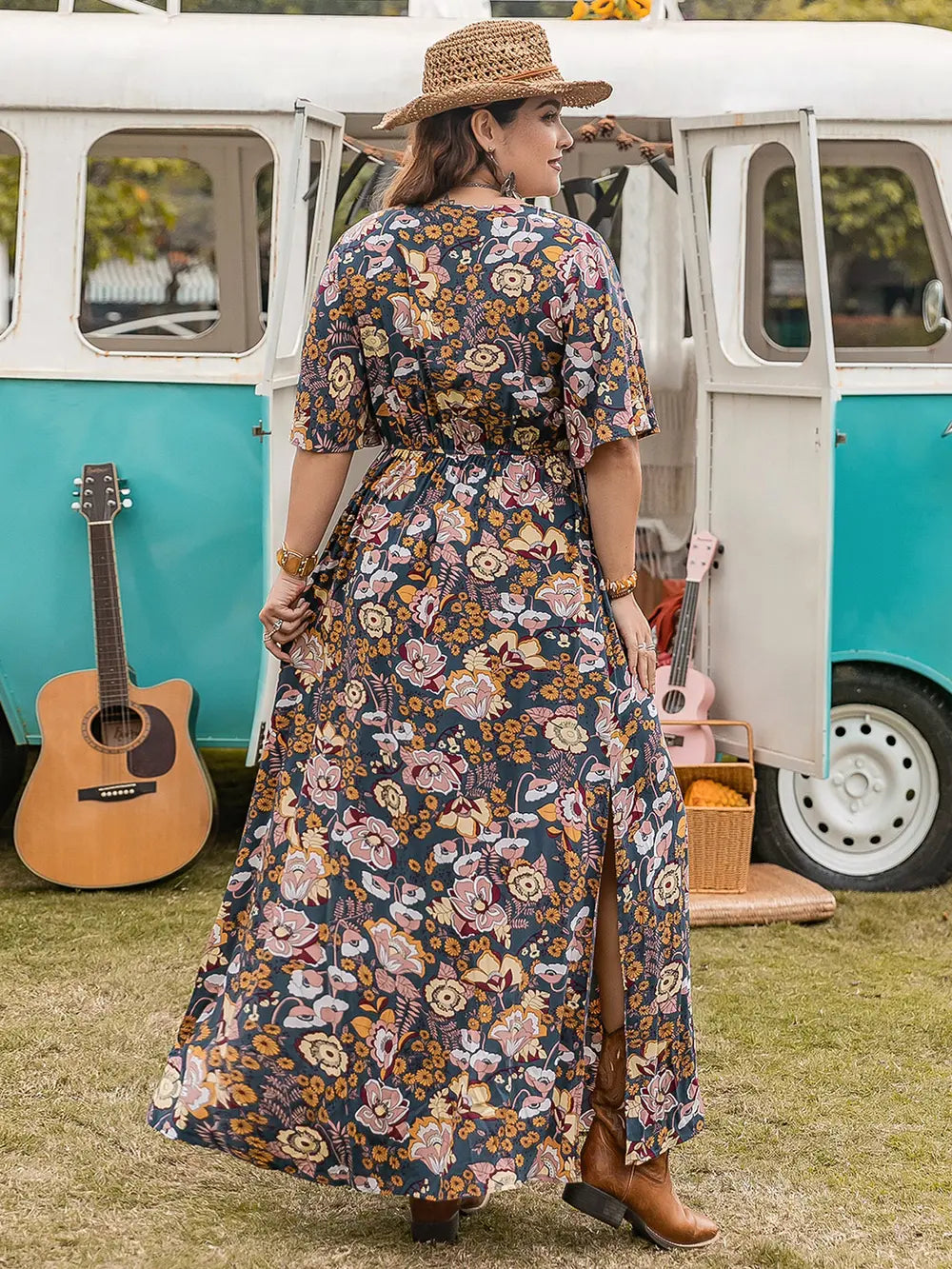 Floral V-Neck Short Sleeve Slit Dress - Blushé Belle