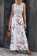 Striped Floral Round Neck Sleeveless Maxi Dress - Blushé Belle