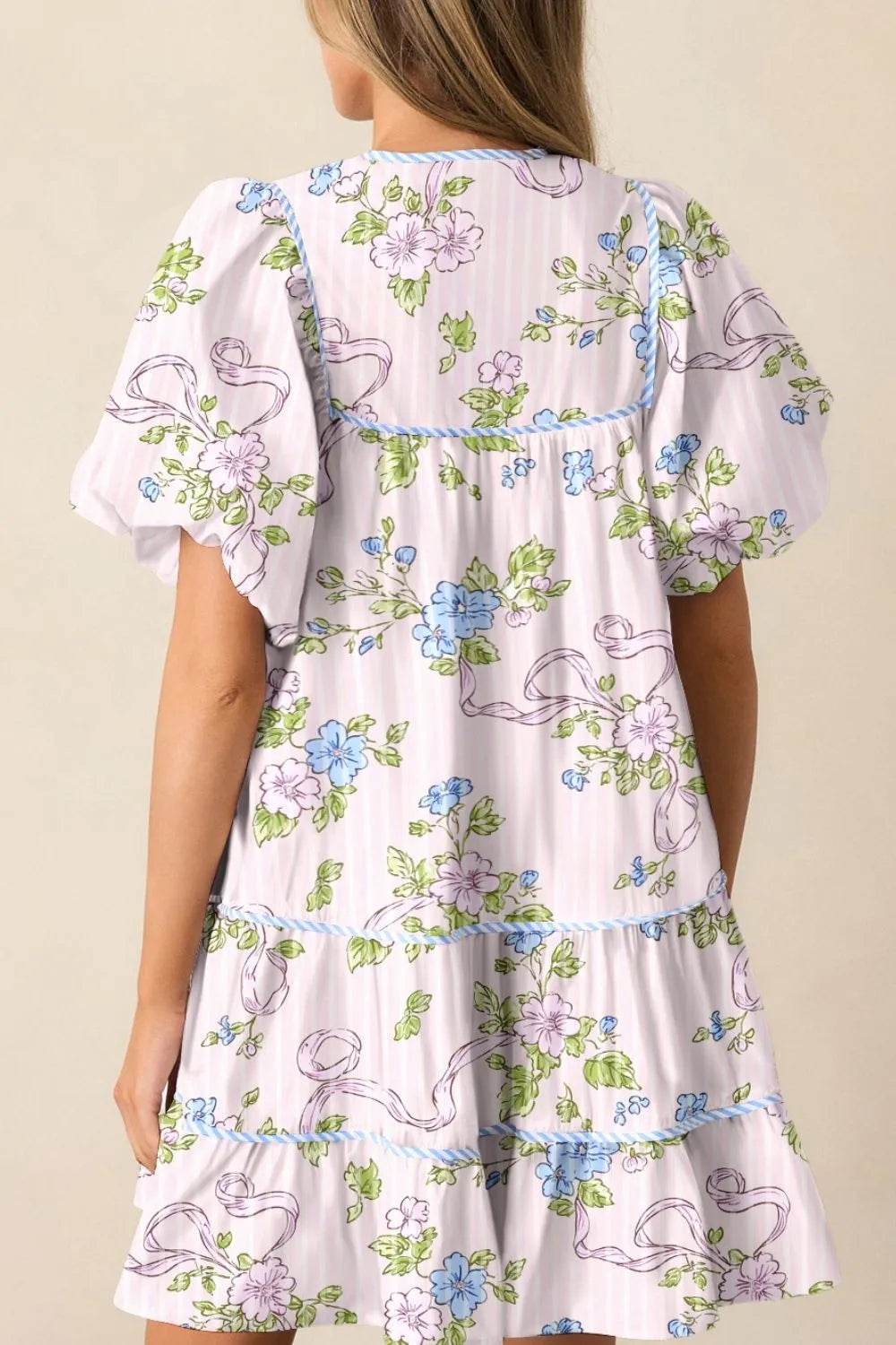 Printed Tie Neck Short Sleeve Mini Dress - Blushé Belle