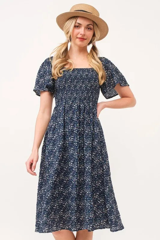 Lime 'N' Chili Smocked Floral Print Flutter Sleeve Midi Dress - Blushé Belle