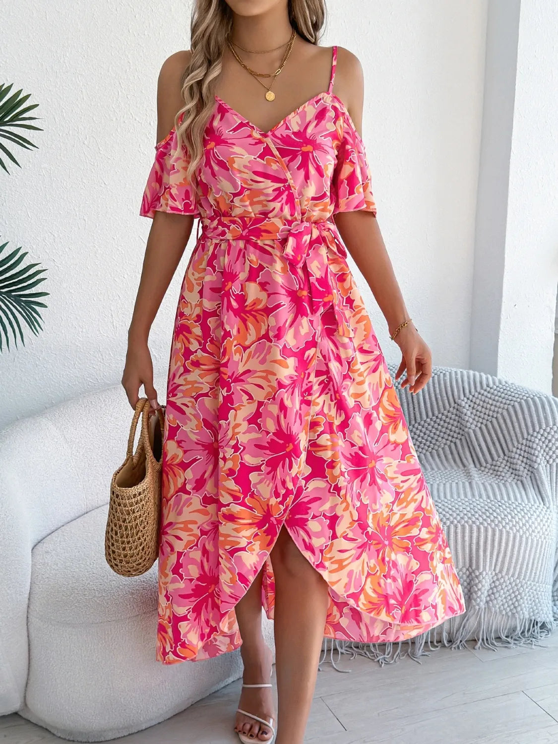 Printed Cold Shoulder Midi Cami Dress - Blushé Belle