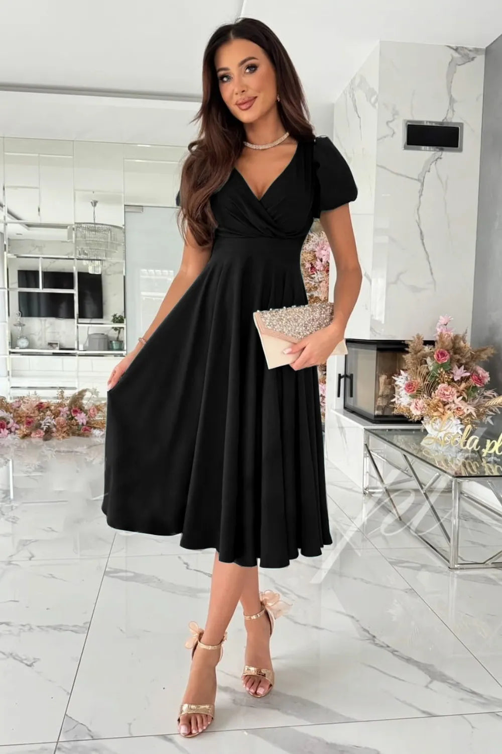 Surplice Puff Sleeve Midi Dress - Blushé Belle