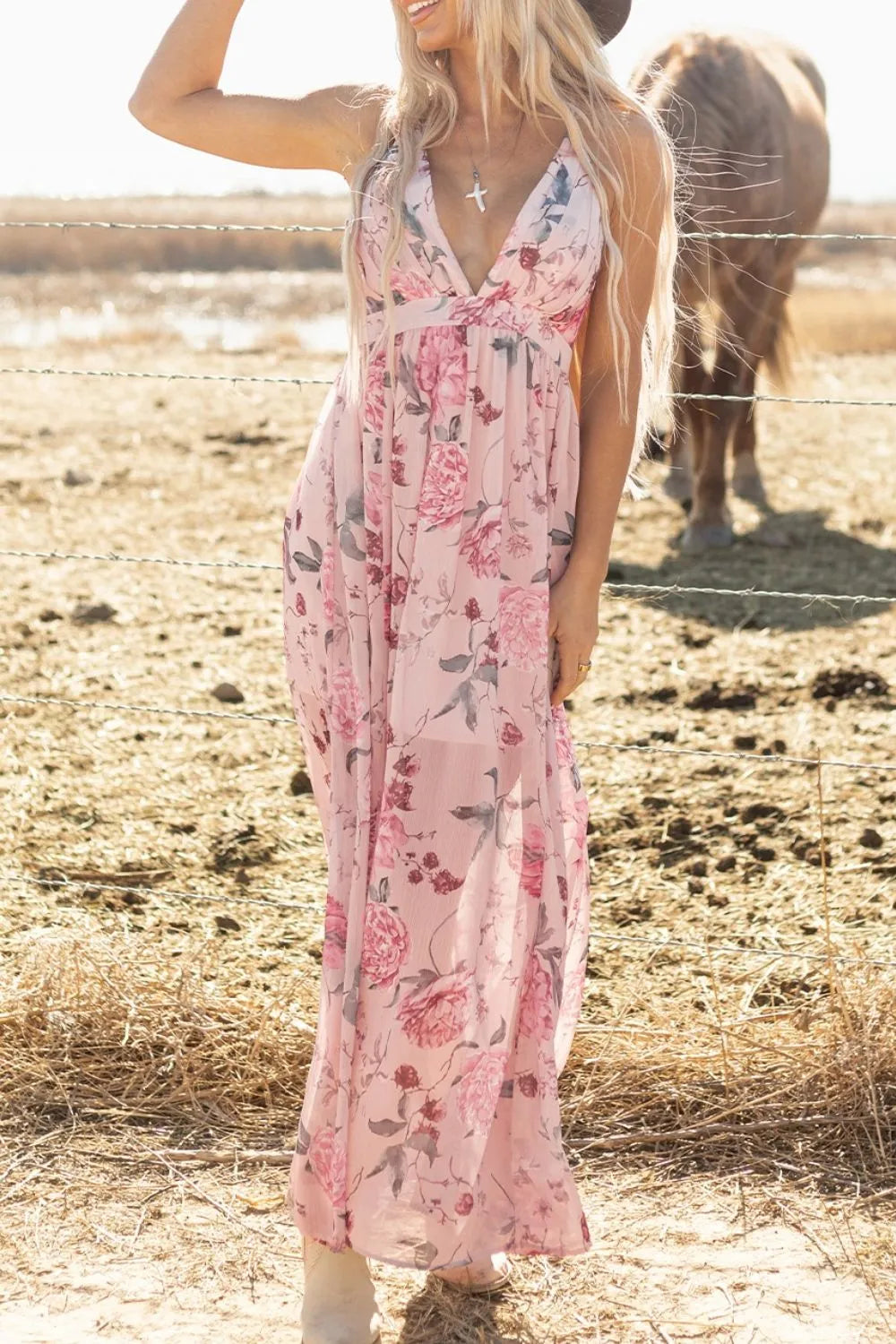 Floral Pleated Deep V Backless Maxi Dress - Blushé Belle