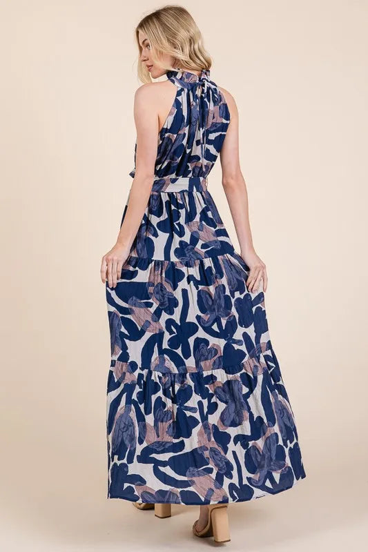 Lime 'N' Chili Abstract Halter Neck Tie-Waist Tiered Maxi Dress - Blushé Belle