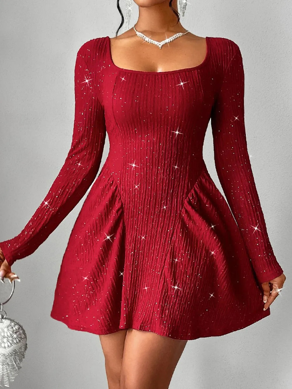 Backless Glitter Square Neck Long Sleeve Mini Dress - Blushé Belle