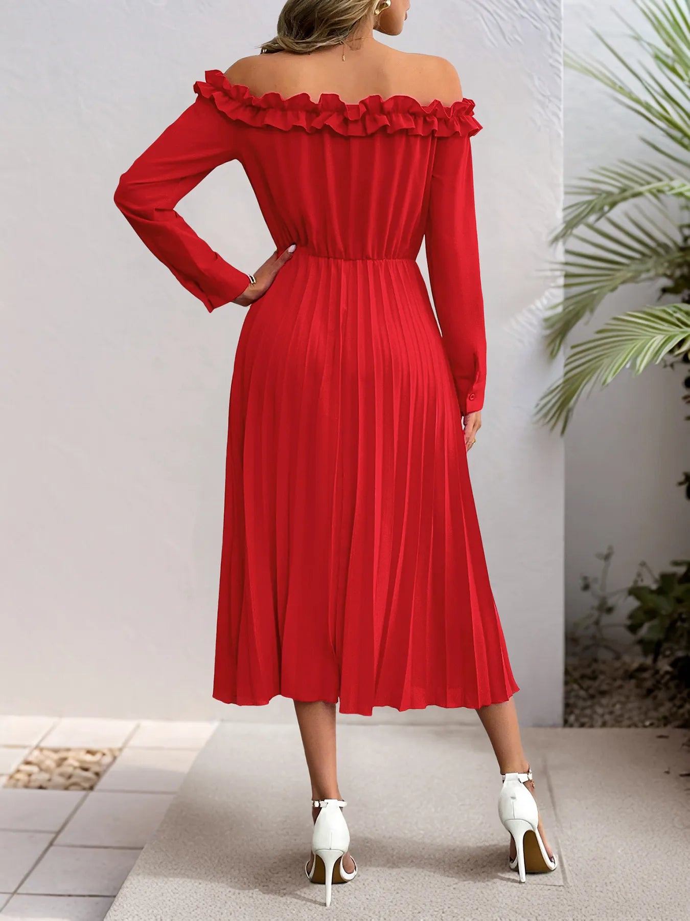 Off-Shoulder Ruffle Pleated Midi Dress - Blushé Belle