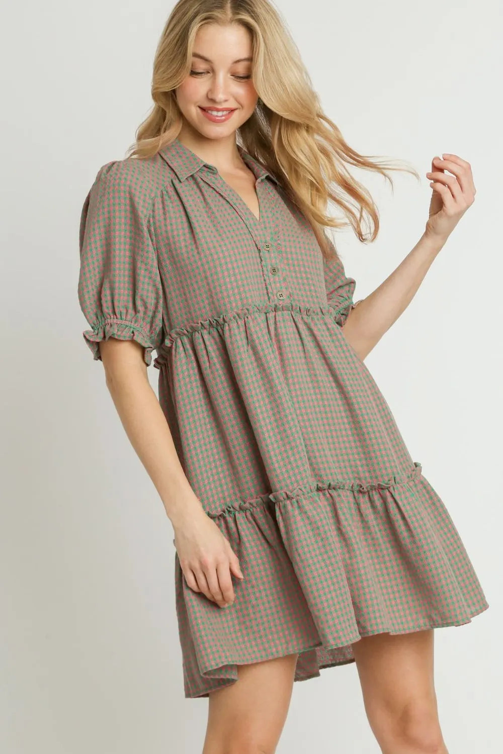 Umgee Full Size Plaid Frill Button Detail Ruffled Short Sleeve Dress Plus Size - Blushé Belle