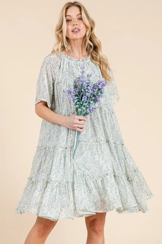 Lime 'N' Chili Ditsy Floral Print Sheer Ruffle Detail Mini Dress - Blushé Belle