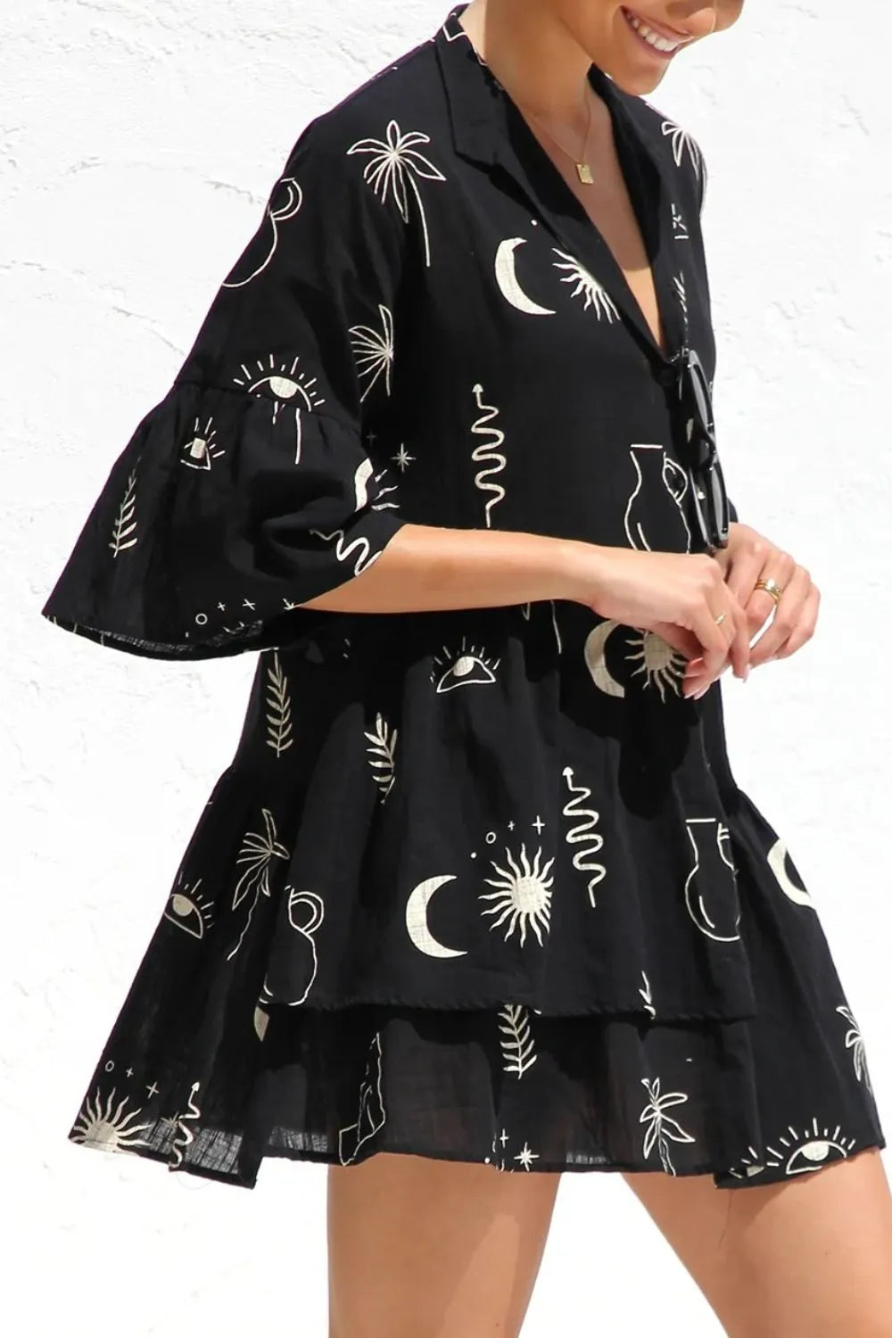 Ruched Printed Three-Quarter Sleeve Mini Dress - Blushé Belle