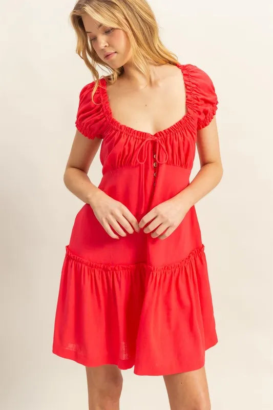 HYFVE Ruched Frill Tiered Short Sleeve Mini Dress - Blushé Belle