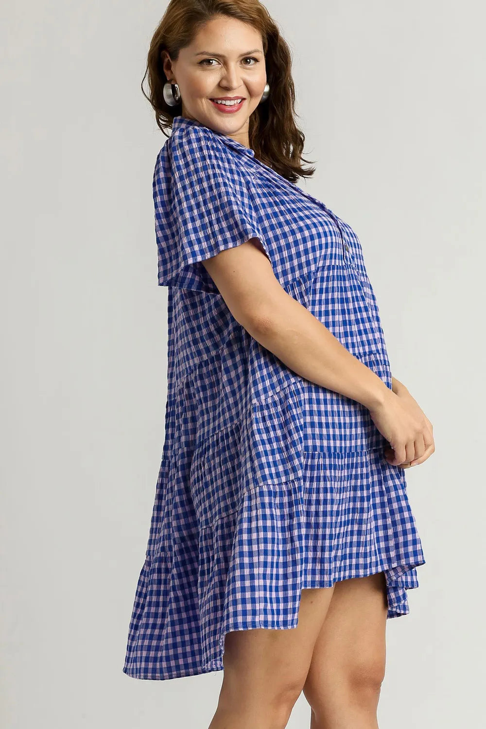 Umgee Full Size Gingham Tiered Button Detail Short Sleeve Dress Plus Size - Blushé Belle