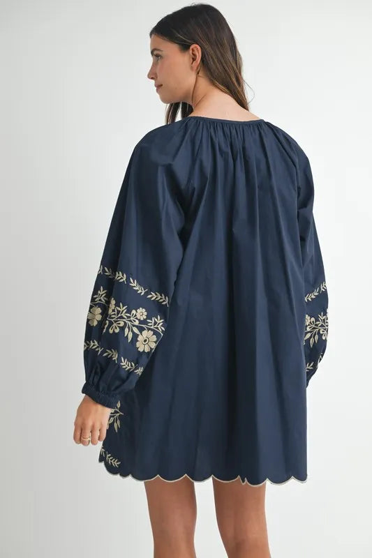 MABLE Embroidered Long Sleeve Peasant Mini Dress - Blushé Belle
