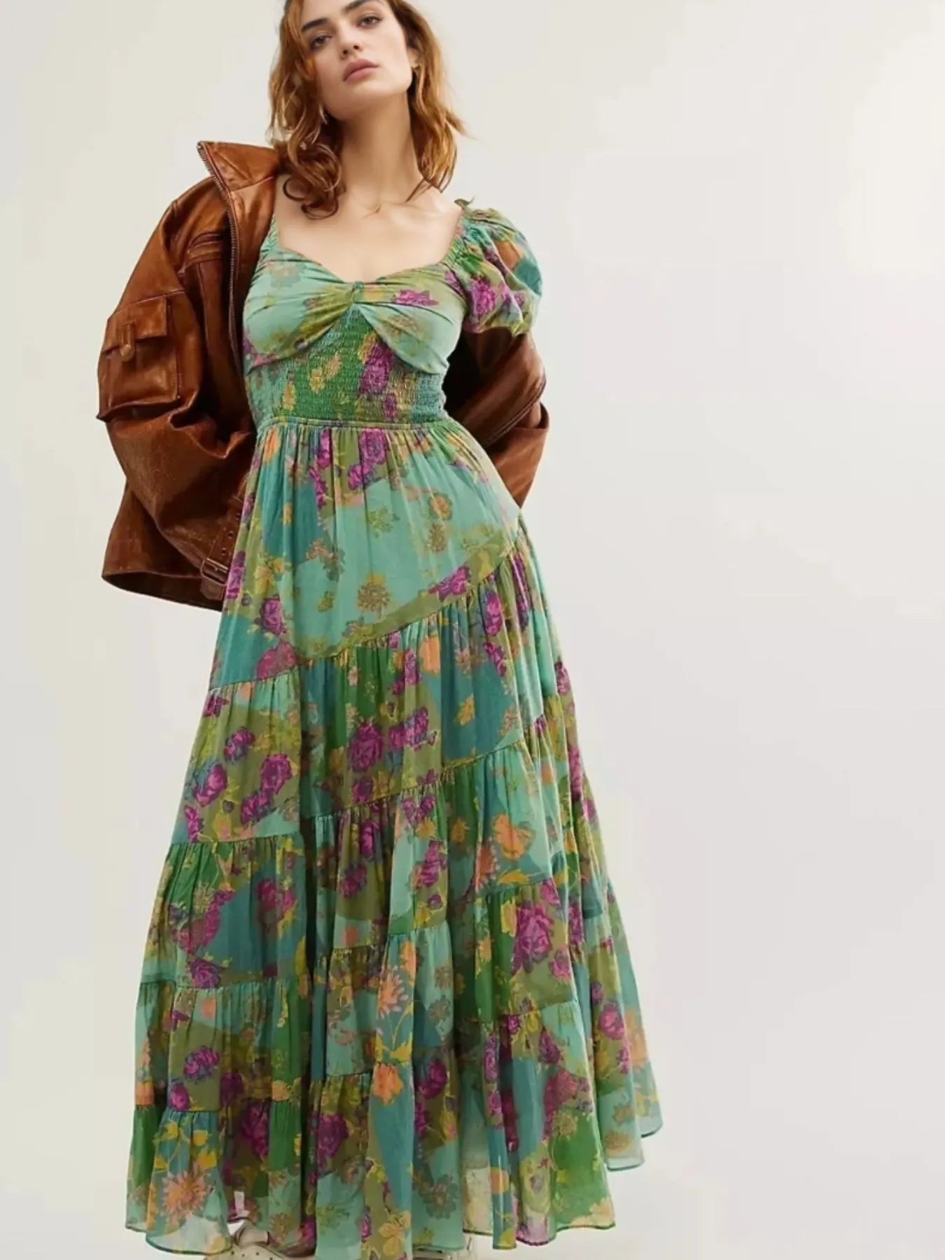 Printed Sweetheart Neck Puff Sleeve Maxi Dress - Blushé Belle