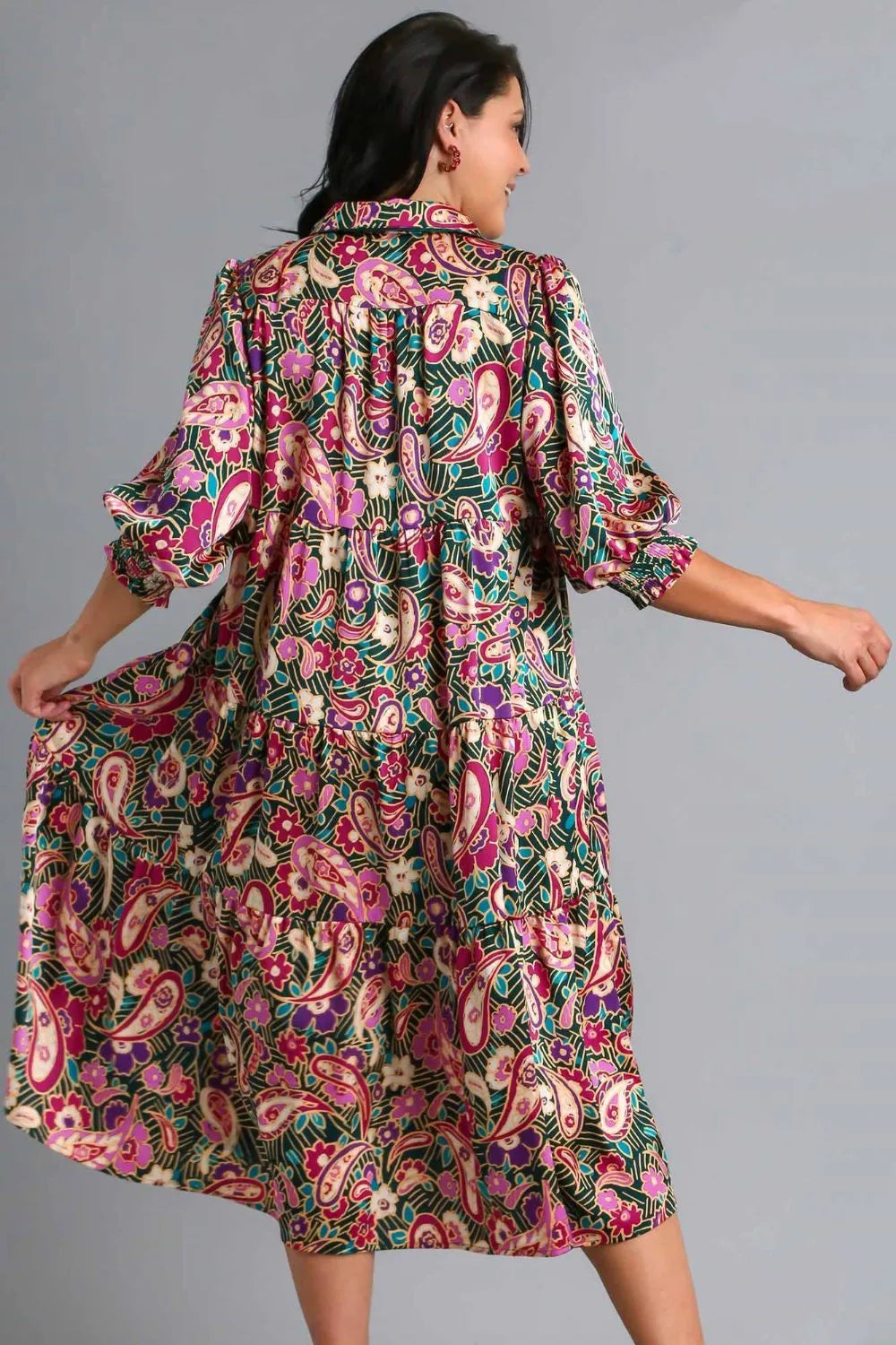 Umgee Full Size Paisley Print Satin Tiered Midi Dress Plus Size - Blushé Belle