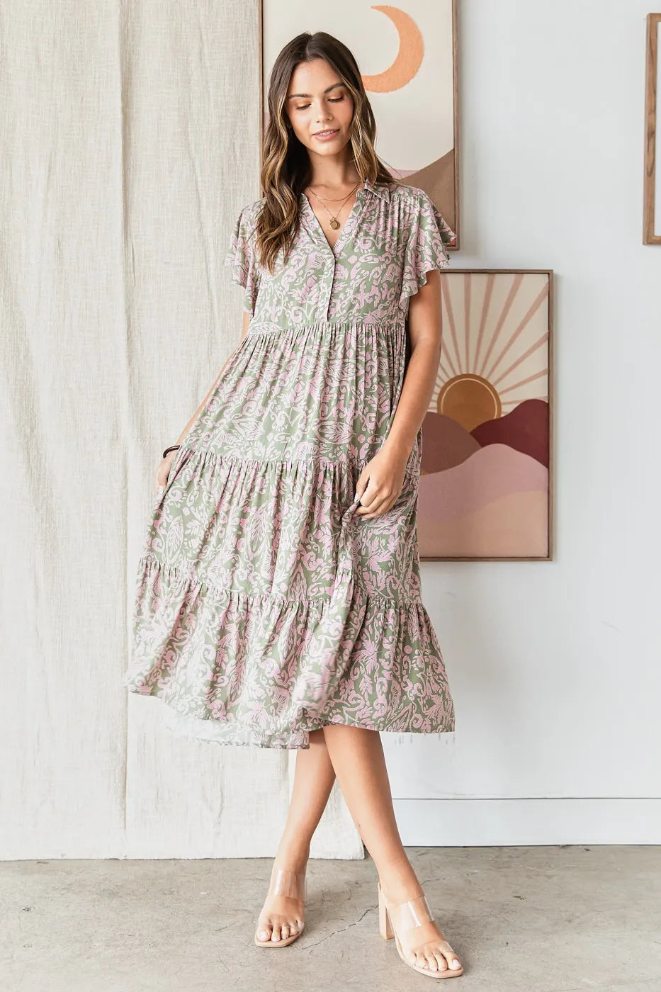 Mittoshop Abstract Print Ruffle Tier Midi Dress - Blushé Belle