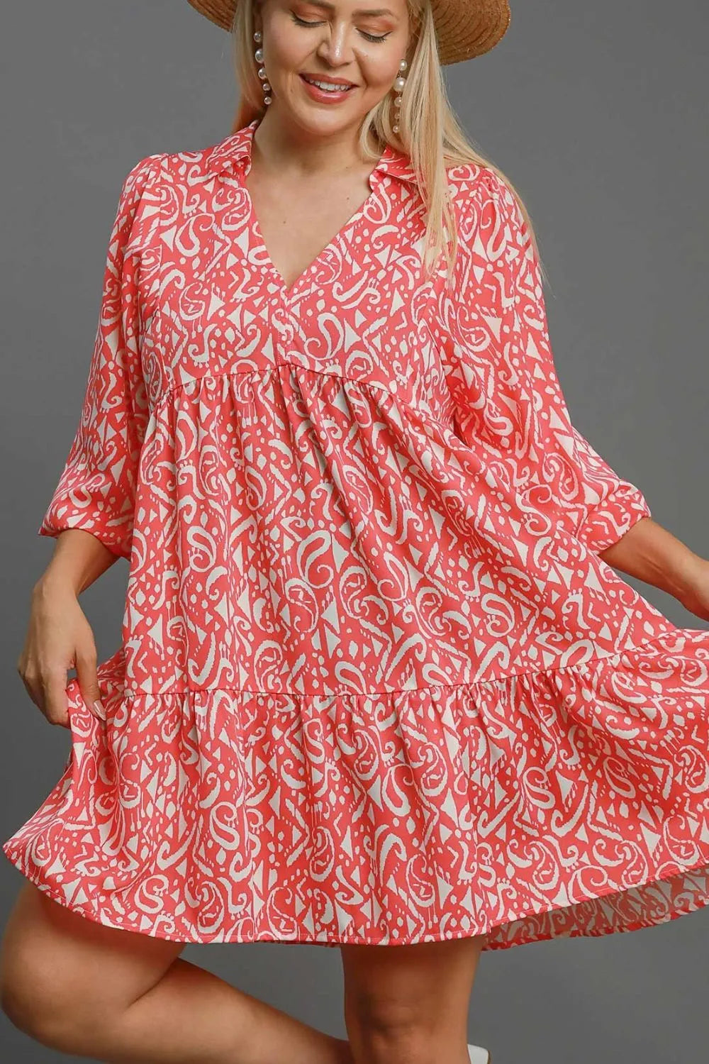 Umgee Full Size Two Tone Print Balloon Sleeve Tiered Dress Plus Size - Blushé Belle