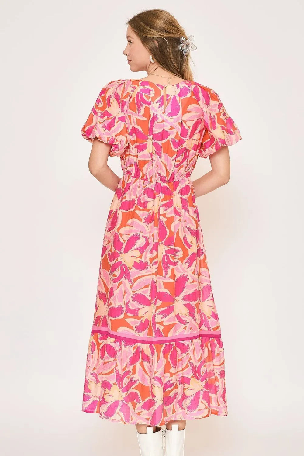 Umgee Floral Notched Puff Sleeve Midi Dress - Blushé Belle