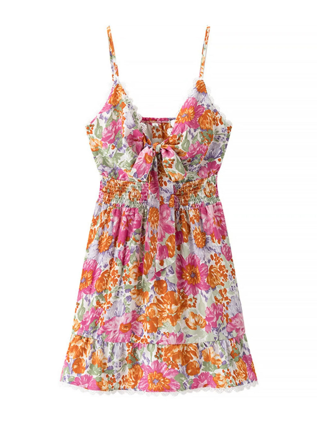 Floral Print Tie-Front Cami Dress with Lace Trim - Blushé Belle