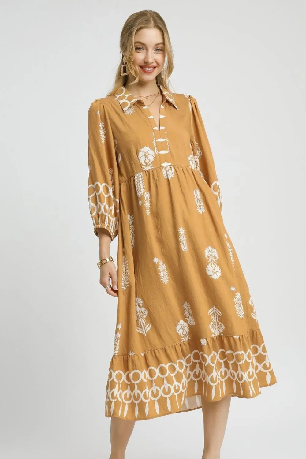 Umgee Ruffled Hem Printed Johnny Collar Midi Dress - Blushé Belle