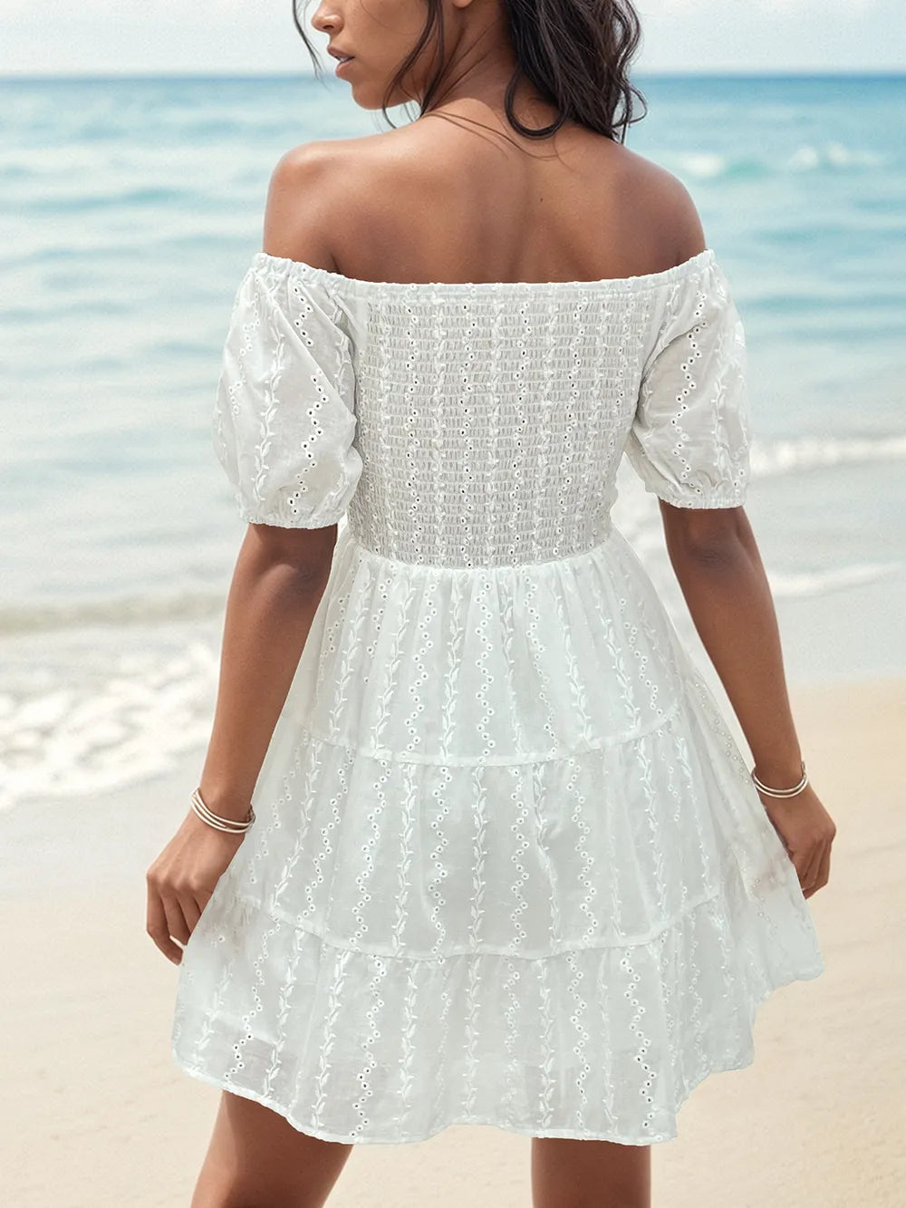 Perfee Smocked Eyelet Off-Shoulder Mini Dress - Blushé Belle