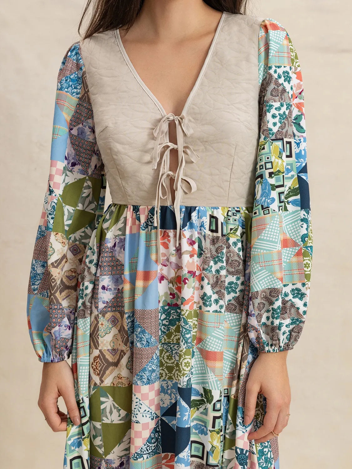 Tied Front Printed Long Sleeve Maxi Dress - Blushé Belle