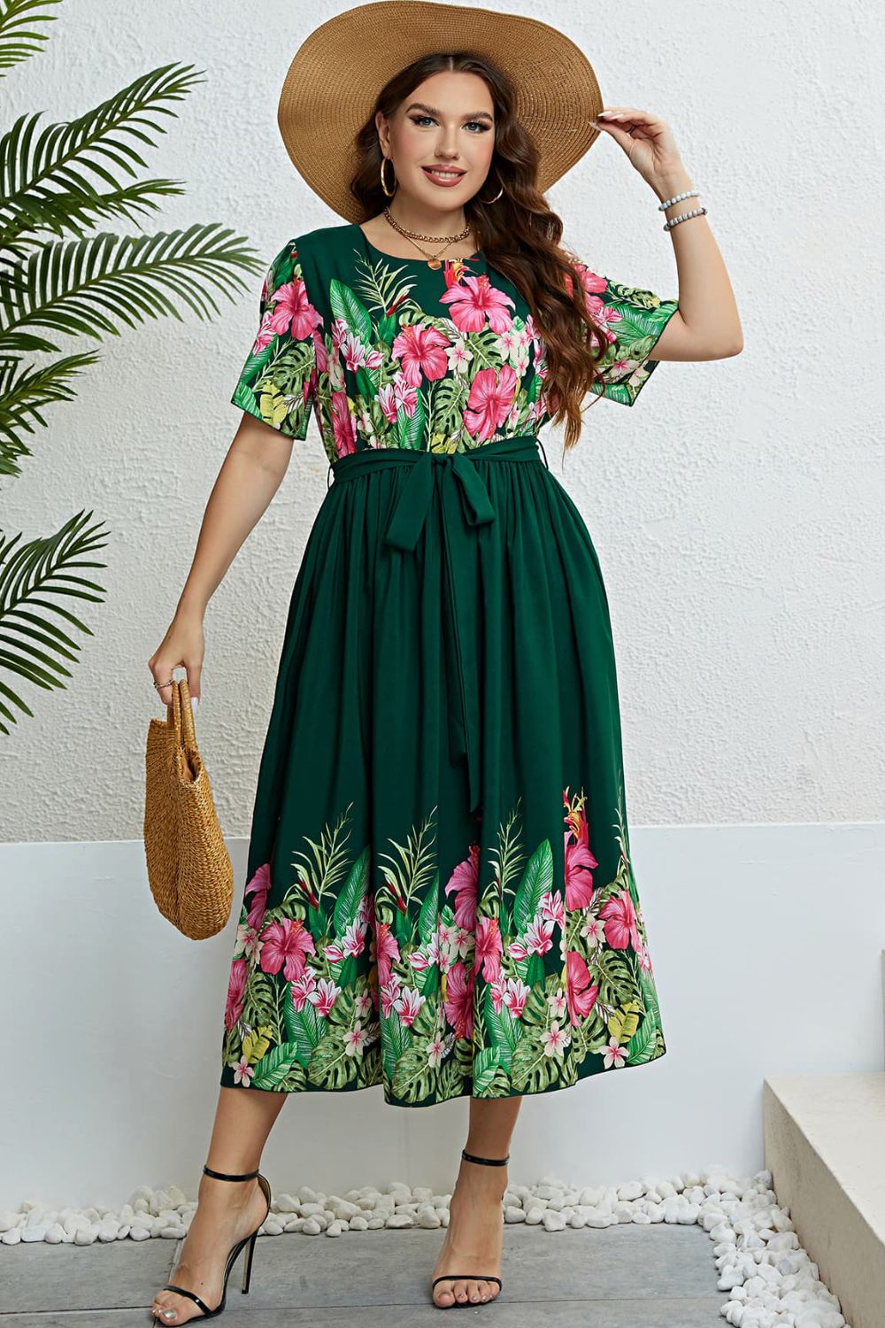 Honey Floral Tie-Waist Round Neck Dress - Blushé Belle