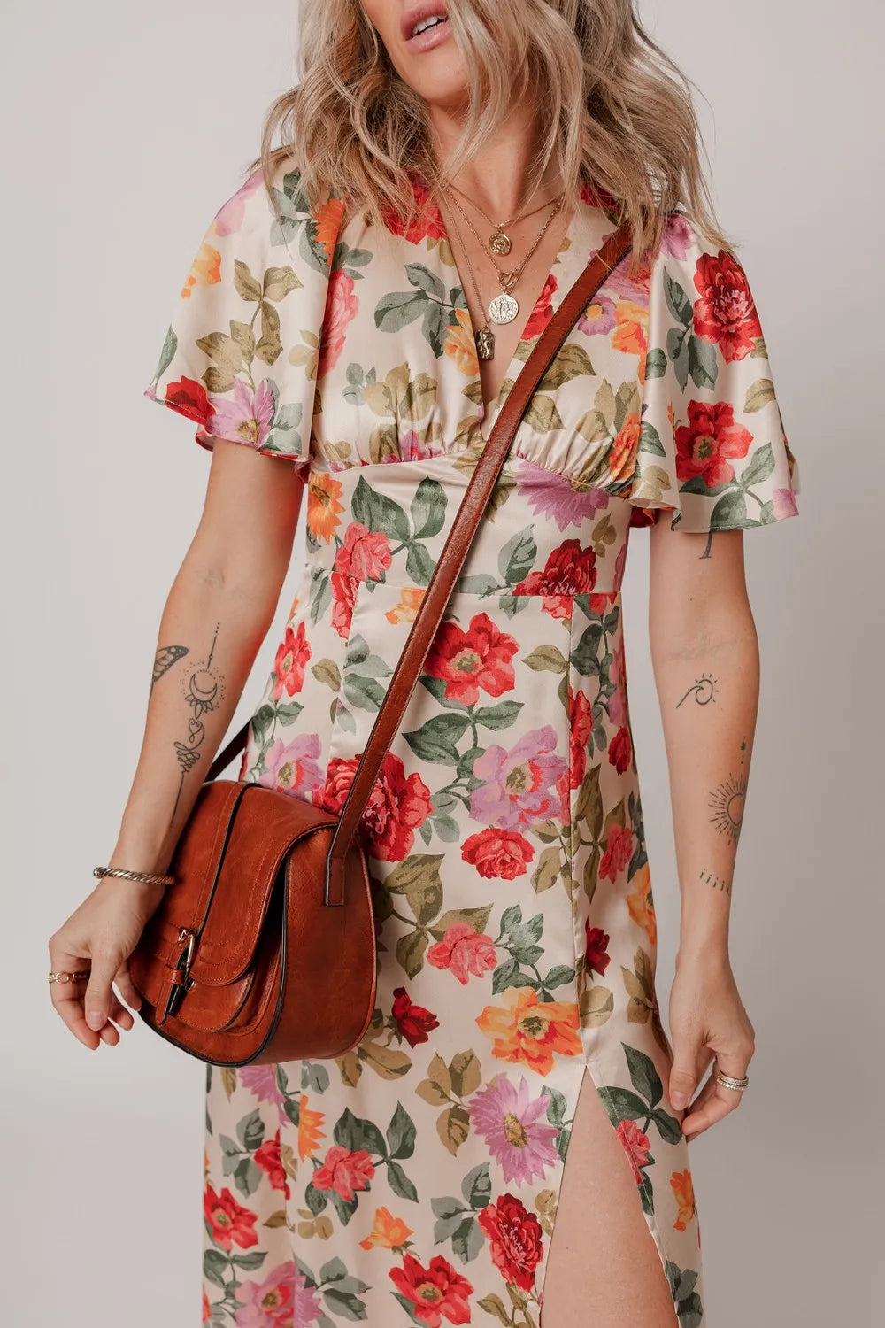 Floral Short Sleeve Tie Back Slit Dress - Blushé Belle