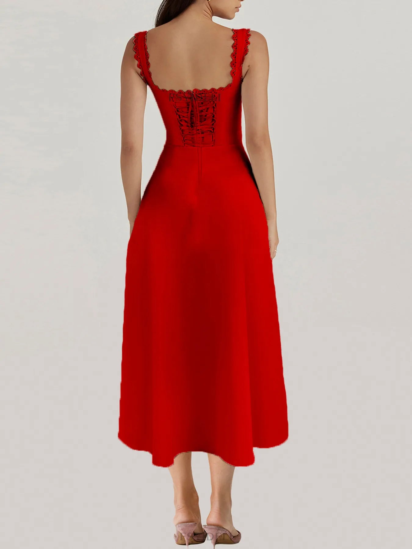 Scalloped V-Neck Midi Dress with Back Lace-Up - Blushé Belle
