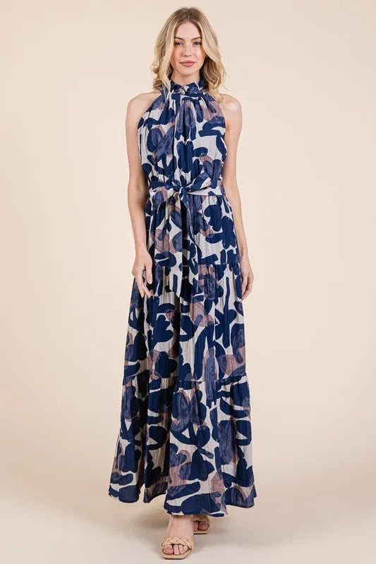 Lime 'N' Chili Abstract Halter Neck Tie-Waist Tiered Maxi Dress - Blushé Belle
