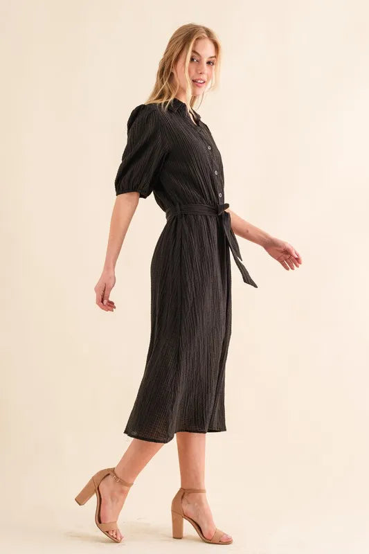 And The Why Waffle Textured Ribbon Waist Midi Dress - Blushé Belle