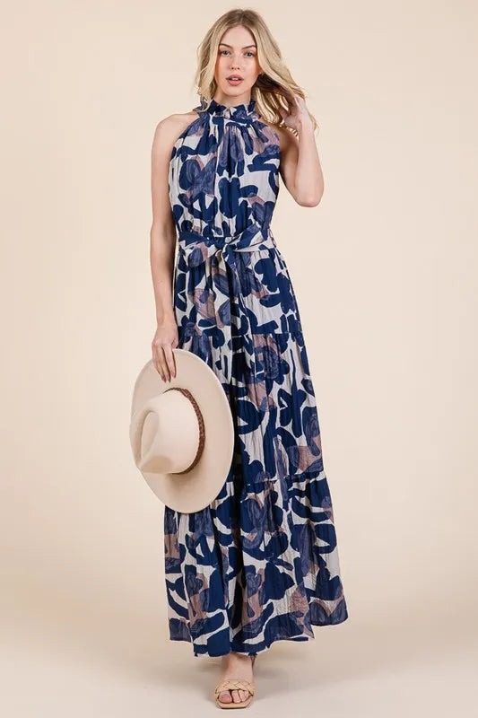 Lime 'N' Chili Abstract Halter Neck Tie-Waist Tiered Maxi Dress - Blushé Belle