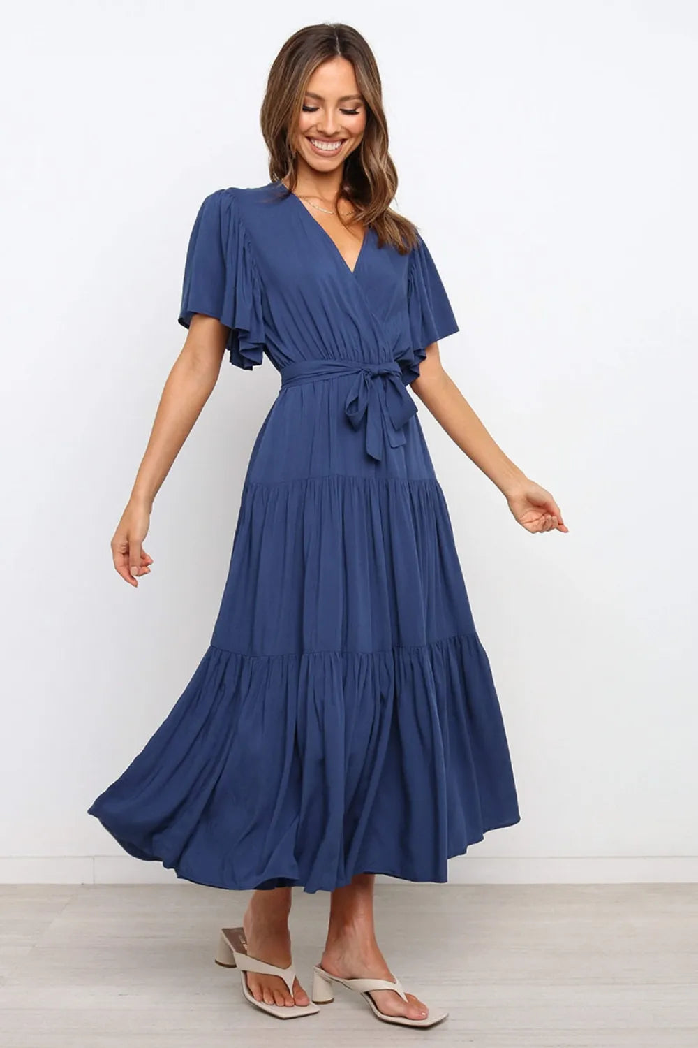 Front Tie Short Sleeve Tiered Midi Dress - Blushé Belle