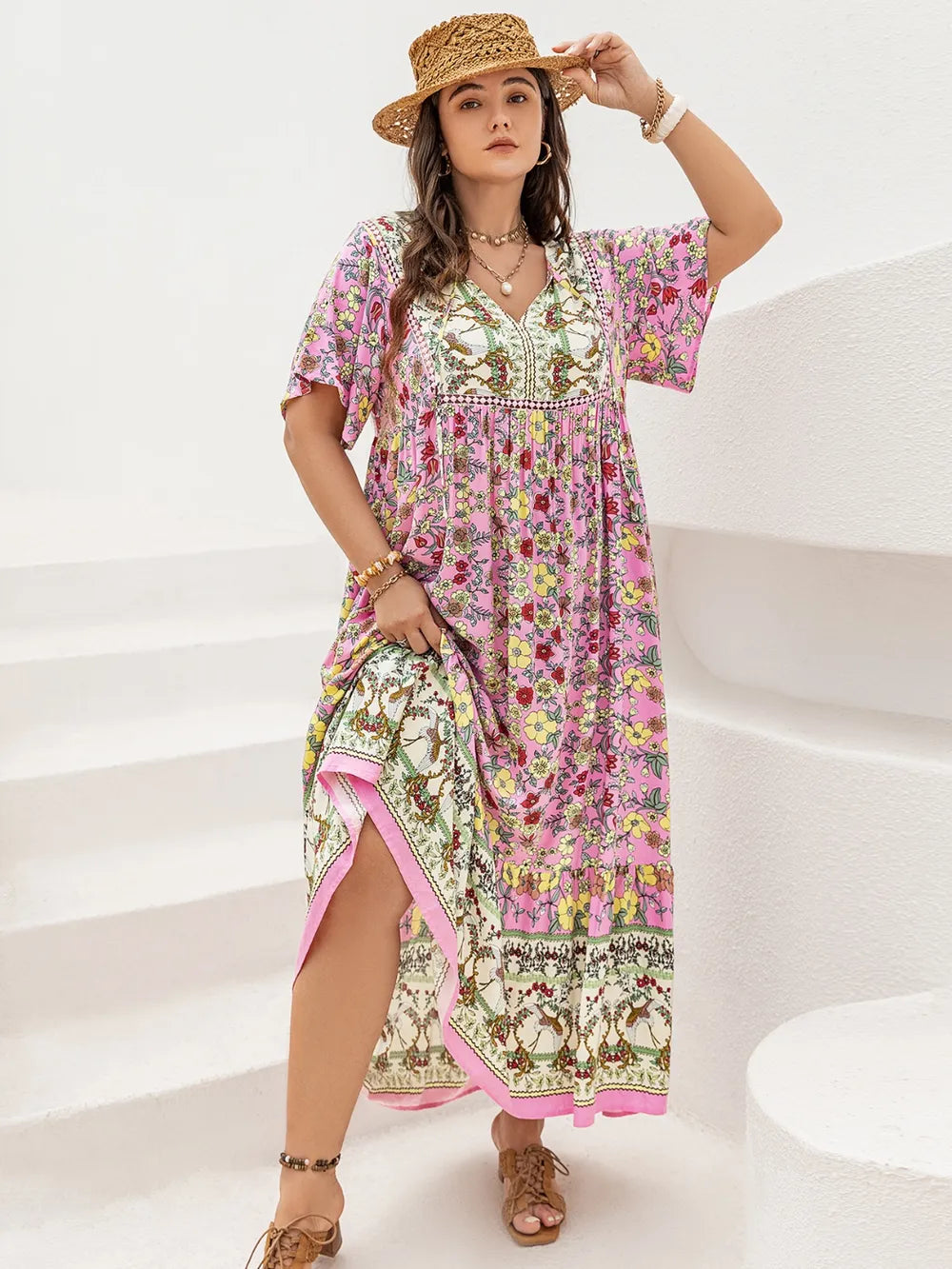 Plus Size Floral Tie Neck Flutter Sleeve Maxi Dress - Blushé Belle
