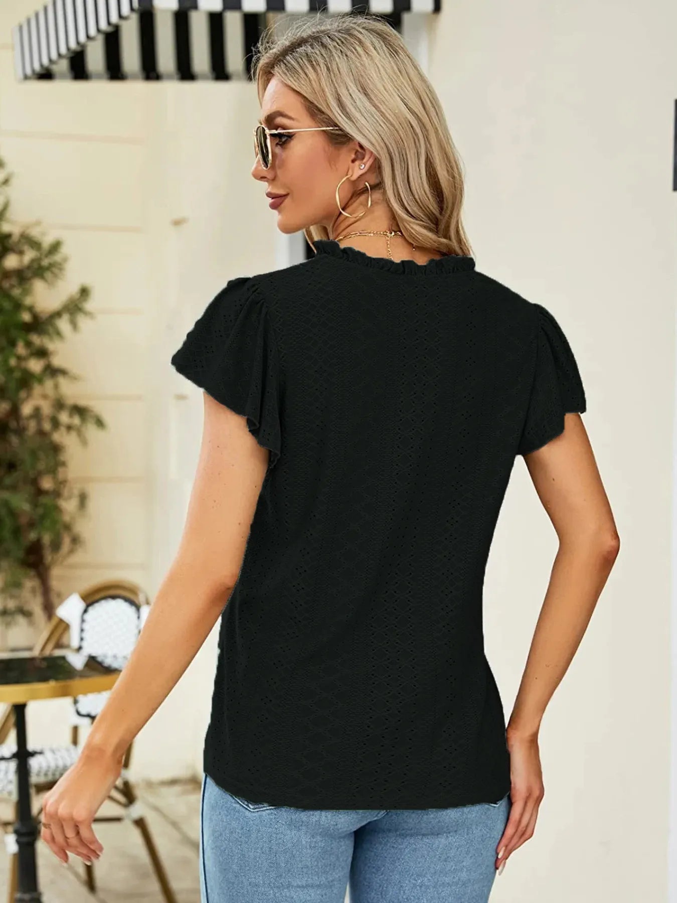 Eyelet Notched Short Sleeve T-Shirt - Blushé Belle