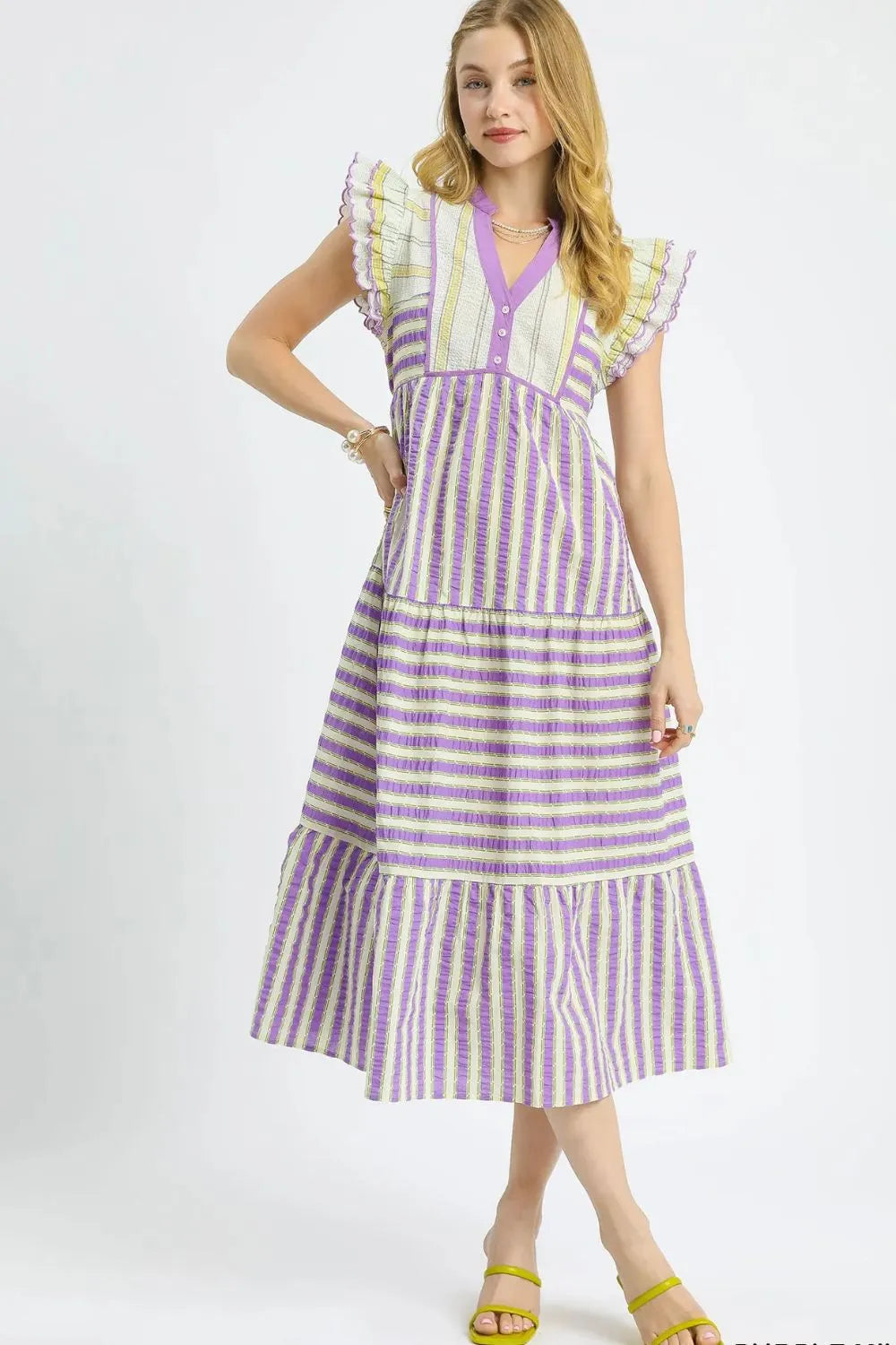 Umgee Striped Ruffle Cap Sleeve Midi Dress - Blushé Belle