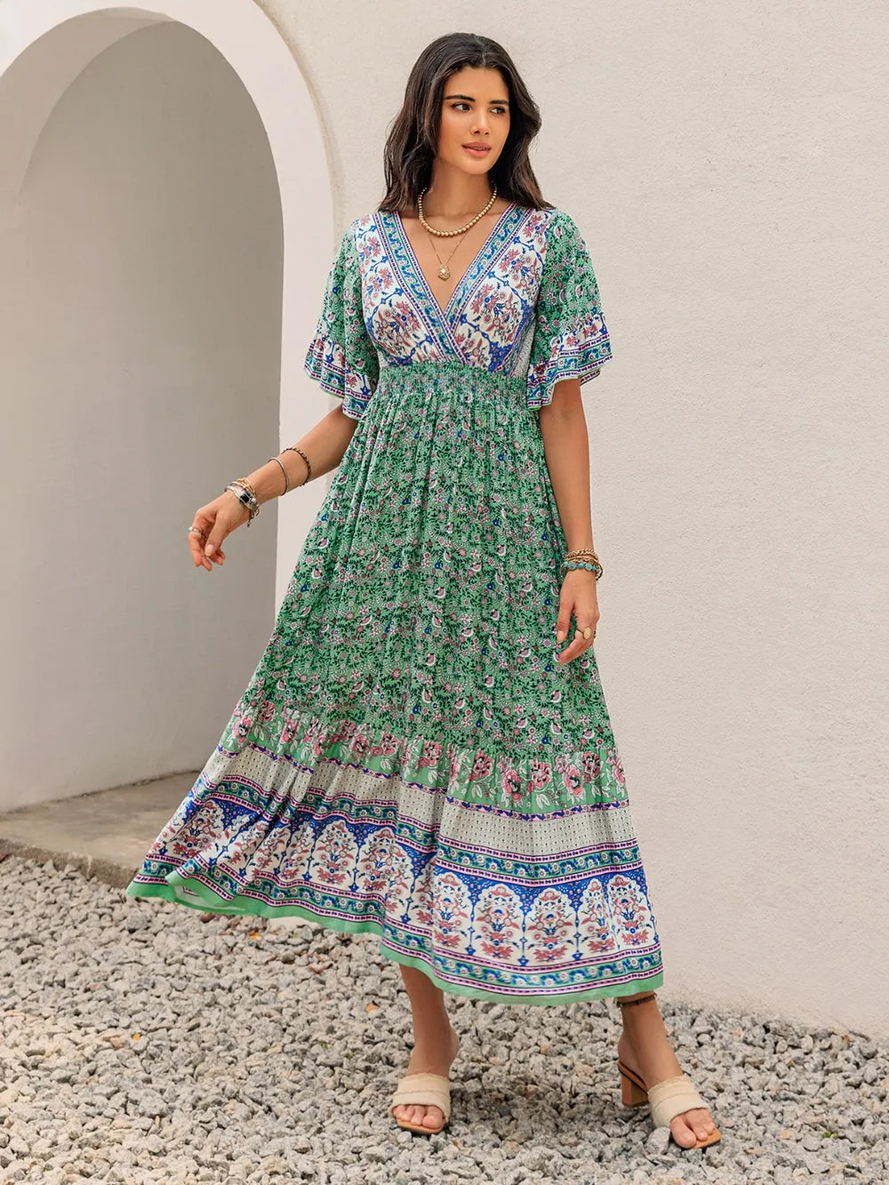 Ruched Printed Flounce Sleeve Midi Dress - Blushé Belle