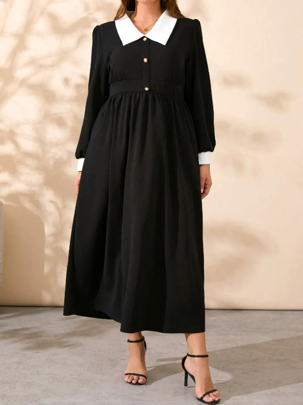 Plus Size Contrast Collared Neck Long Sleeve Midi Dress - Blushé Belle