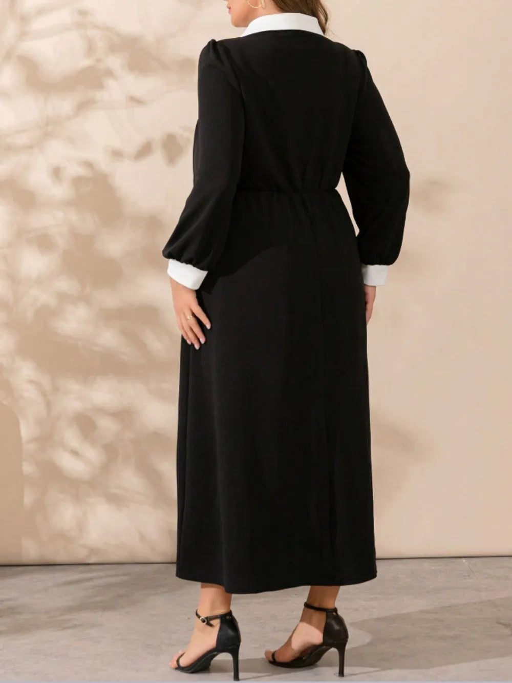 Plus Size Contrast Collared Neck Long Sleeve Midi Dress - Blushé Belle