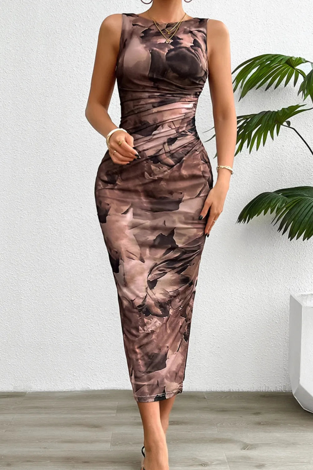 Printed Ruched Slit Sleeveless Midi Dress - Blushé Belle