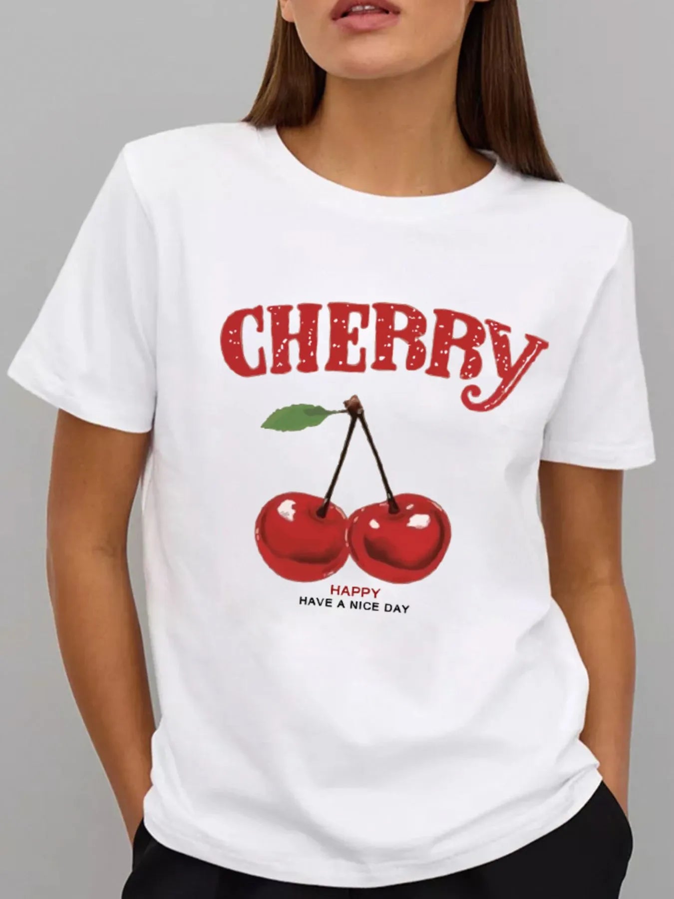 Plus Size Cherry Graphic Round Neck Short Sleeve T-Shirt - Blushé Belle