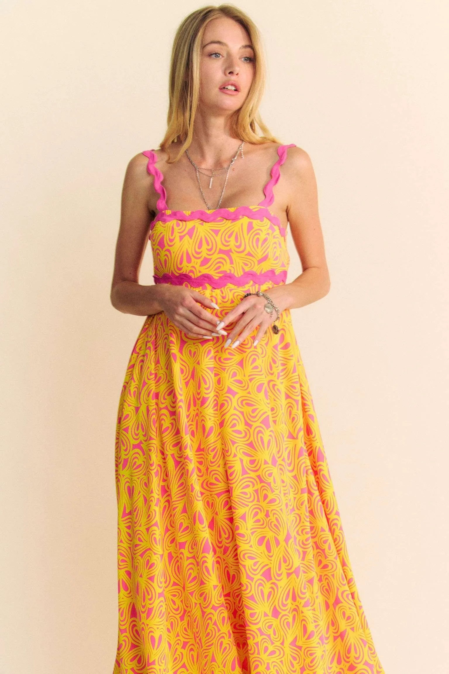 Davi & Dani Geo 2 Tone Printed Wavi Trim Tiered Maxi Dress - Blushé Belle
