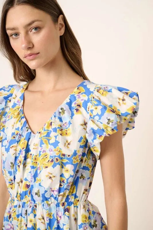Mittoshop Floral V-Neck Cap Sleeve Mini Dress - Blushé Belle